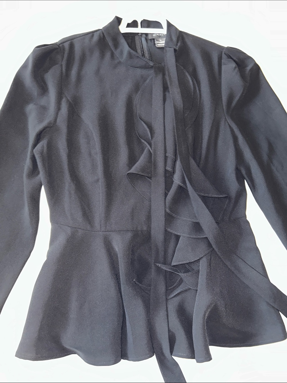 Gracia Black Long-Sleeve Ruffle Peplum Dress with Neck Tie. Size L.